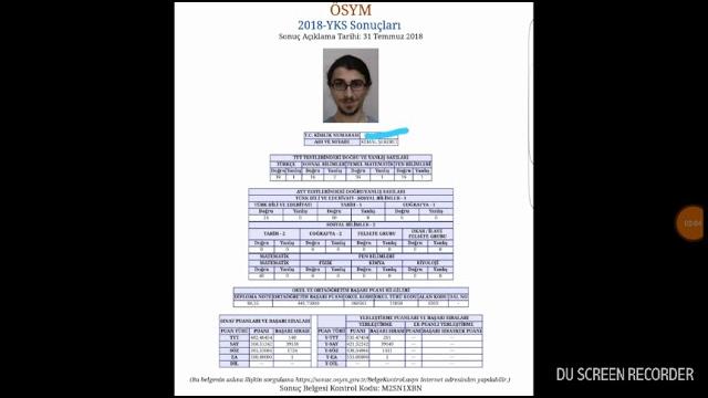 YKS Türkiye 1.sinin Sınav Sonuç Kağıdı